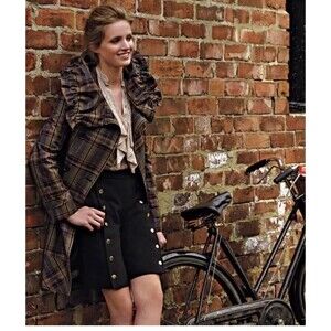 Anthropologie Elevenses 6P Amber Puckered Plaid Trench Coat Jacket Sherlock READ